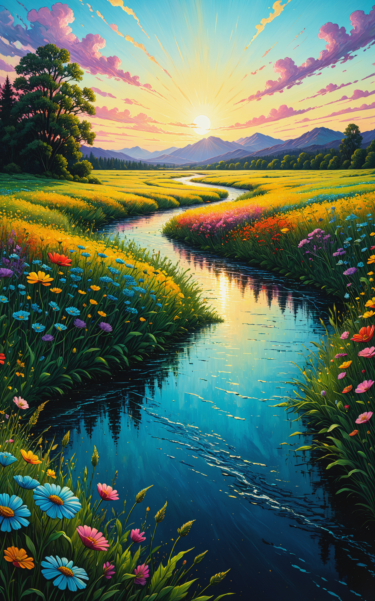 10617-2455207725-A bright colorful painting depicting a calm, quiet river running through a meadow with beautiful flowers, a sky with clouds illu.png